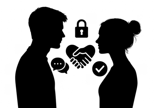 Couple silhouette communicating with agreement and security icons on transparent background - Powered by Adobe