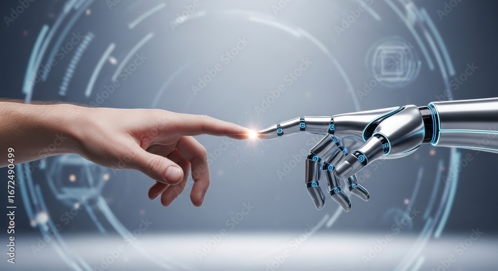 Poster a human hand and a metallic robot hand touch each other in a futuristic, technological setting, symb