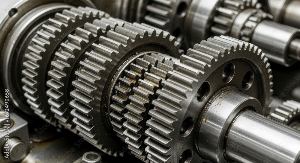 Poster close-up view of intricate gears and machinery components, highlighting precision engineering and co