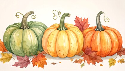Watercolor pumpkins in autumn colors, surrounded by fallen leaves on a neutral background