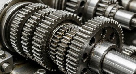 Fototapeta premium Close-up view of intricate gears and machinery components, highlighting precision engineering and complex mechanical systems.
