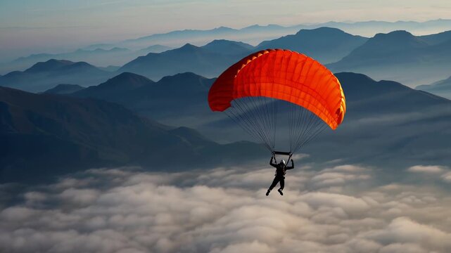 Skydiver navigating bright orange parachute, gliding high above rugged mountain landscape with billowing cloud formations