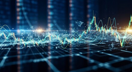 Complex financial data visualizations are displayed on a digital surface, highlighting market trends and patterns with a futuristic, dynamic aesthetic.