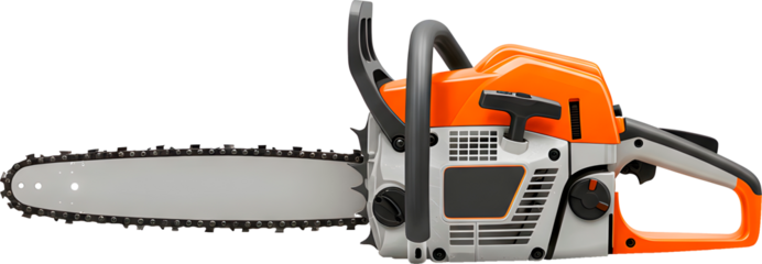 A close-up of an orange chainsaw, the tool for wood cutting