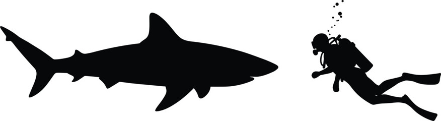 Shark and scuba diver silhouette, underwater marine life clipart, ocean adventure vector, diving illustration, black sea animal shapes