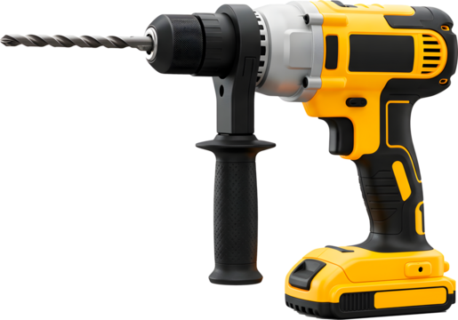 Close-up shot of a powerful, cordless drill with a long drill bit, set against a backdrop that highlights the tool's details