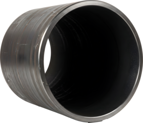 A close-up view of a large metal cylinder. The interior of the cylinder is black. The object appears to be made of steel.