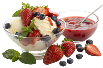 Delicious vanilla ice cream sundae with fresh strawberries and blueberries, garnished with mint, and served with strawberry sauce