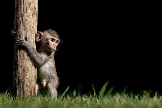 Monkey clings to a tree in green grass looking to its right against a dark background