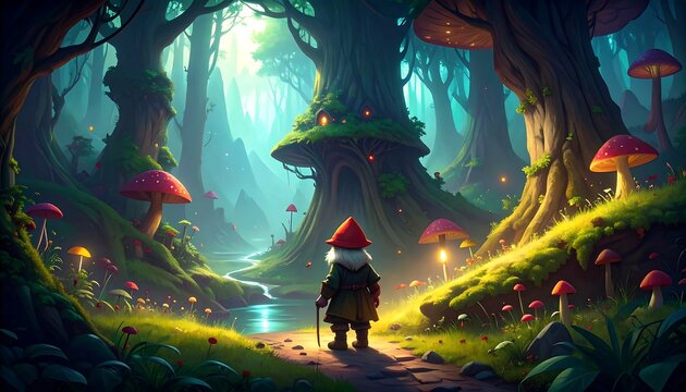 A gnome strolls through a vibrant, sunlit fantasy forest