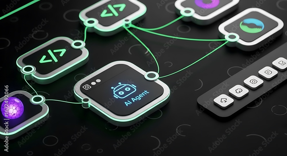 Poster closeup view of interconnected ai agent modules, showcasing code, data, and processing units in a di