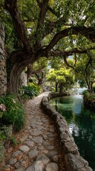 Obraz premium Picturesque stone path through a lush garden by a pond