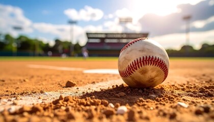 Baseball rests on dusty infield, stadium blurred in background under bright sunshine