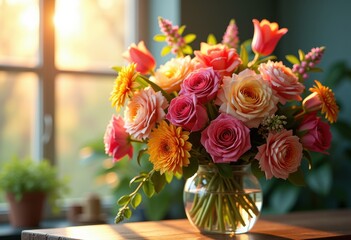 vibrant flower bouquet bathed soft sunlight colorful blossoms gentle light enhancing floral beauty, bloom, plant, petal, stem, nature, meadow, garden