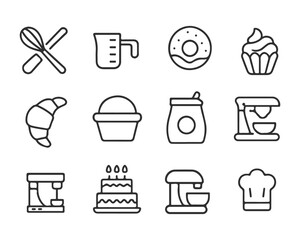 Set of outline icons related to baking. Linear icon collection