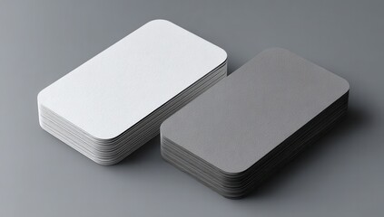 Vibrant photo of 3 blank business card mockups, one laying on its side and the other two stacked together, all with rounded corners on a gray background, hyper-realistic, sharp.