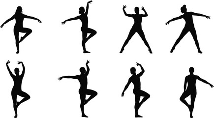 Silhouettes of dancers in expressive ballet and contemporary dance poses, graceful movement, performing arts, black and white vector illustration