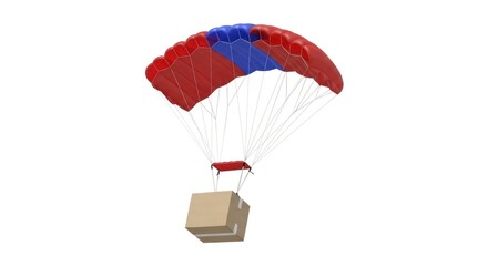 Obraz premium A cargo box is suspended beneath a colorful parachute against a plain white background.
