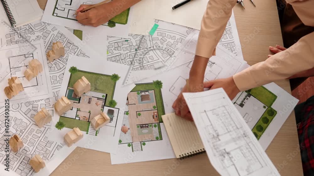 Poster architect and safety engineer discussion about building construction use blueprint on table with arc