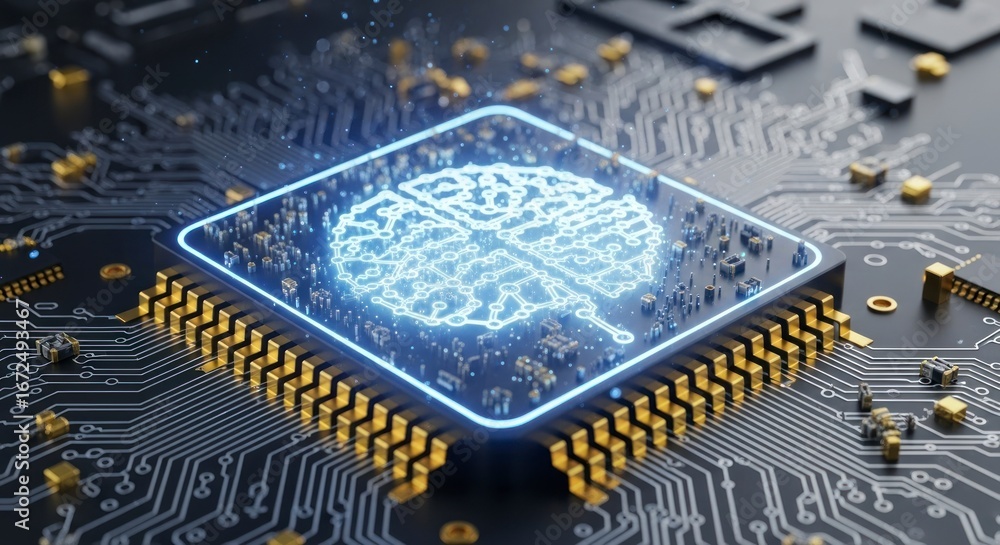 Poster a detailed close-up view of a computer processor showcasing a glowing, stylized brain graphic, highl