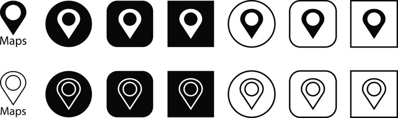Fototapeta premium Map location pin icon set, black GPS marker collection, navigation point group, flat and line style symbols, geolocation pointer bundle with destination, position, place, and spot synonyms