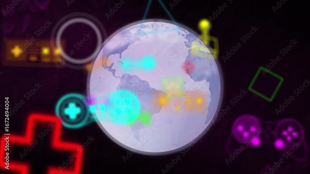 Poster animation of spinning globe over multiple video game controller icons against black background