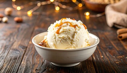 Creamy ice cream scoop topped with caramel sauce rests in a bowl on wood table