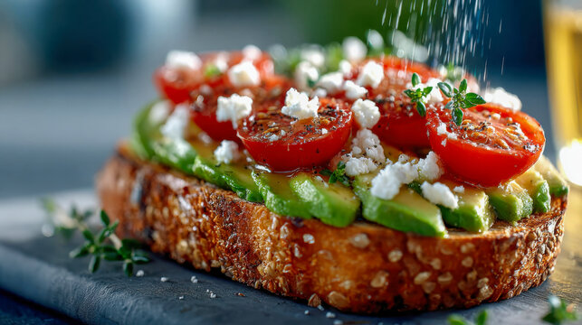 Avocado toast topped with cherry tomatoes, feta, herbs, and sesame seeds - Powered by Adobe