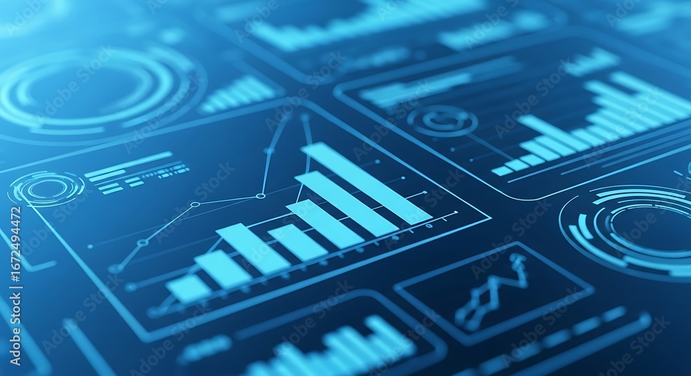 Fototapete Closeup of a futuristic digital interface displaying various charts and graphs with glowing blue lines, representing data analysis