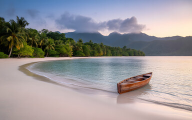 Wooden boat on a tropical beach at sunrise canoe kayak
