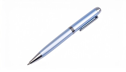 A Stylish Blue Metallic Ballpoint Pen on White Background for Office Use