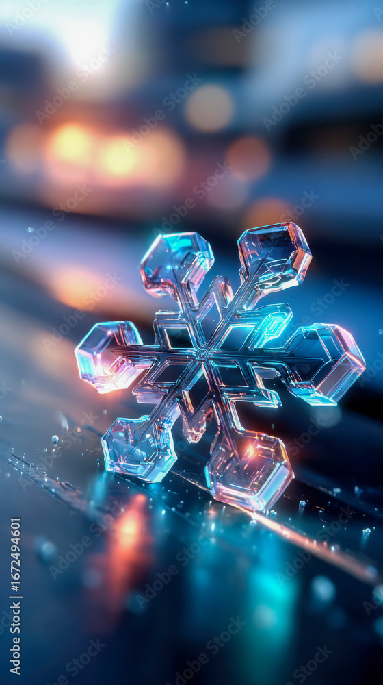 Poster close-up of a transparent snowflake with intricate details, resting on a reflective surface with glo