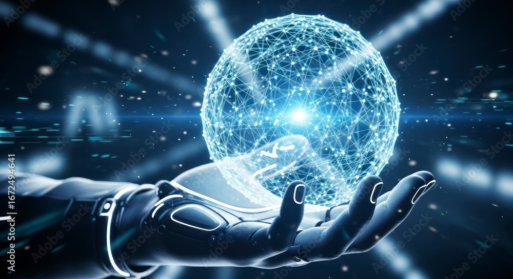 Poster a robotic hand holds a sphere of interconnected lines and nodes, symbolizing advanced technology and