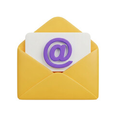 Vibrant 3d email icon with purple at symbol in yellow envelope for digital communication