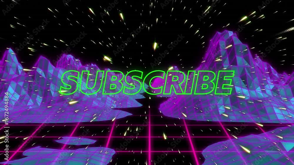 Aufkleber animation of light trails over subscribe text banner against metaverse structures over grid network