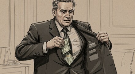 Illustration of a man in a suit secretly placing money inside his jacket pocket, looking concerned.