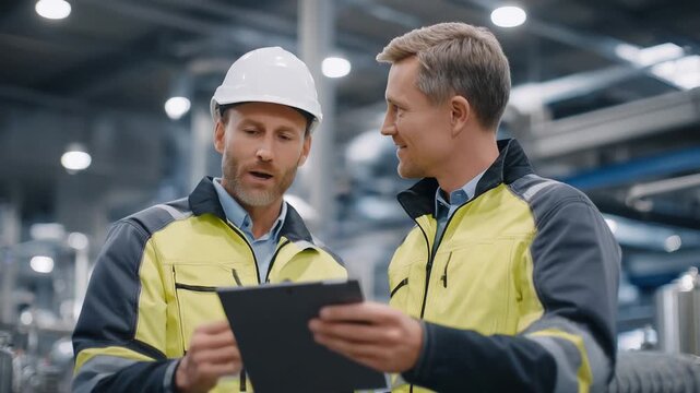 Engineers in an industrial setting discuss polymer formulation amidst coiled tubing and vats, equipped with clipboards and data tablets.