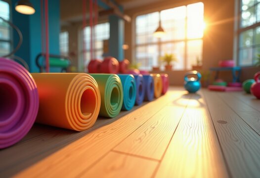 vibrant gym accessories displayed bright wooden floor dynamic fitness elements colorful equipment, yoga, mats, weights, exercise, bands, dumbbell, ball - Powered by Adobe