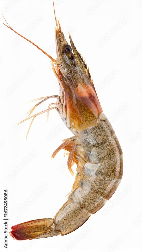Poster Isolated Raw Shrimp with Brown and Red Hue and Intricate Shell Patterns on a Clean White Backdrop