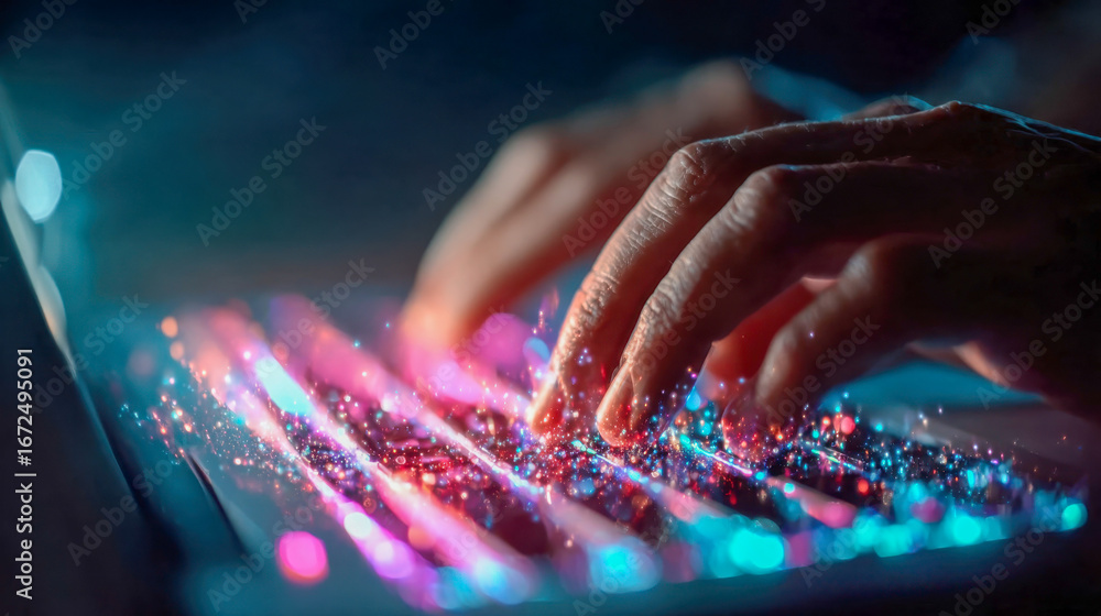 Poster futuristic close-up of a digital finger with glowing particles typing on a keyboard