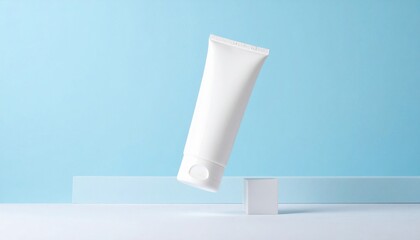 White Cosmetic Tube Balanced on Minimalist White Block on Light Blue Background