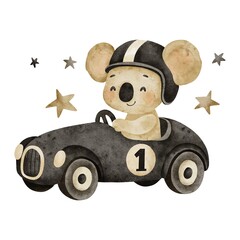 Cute watercolor koala in racing car with helmet and stars on white background. Perfect for kids designs, nursery prints, stickers, cards and baby shower decoration.