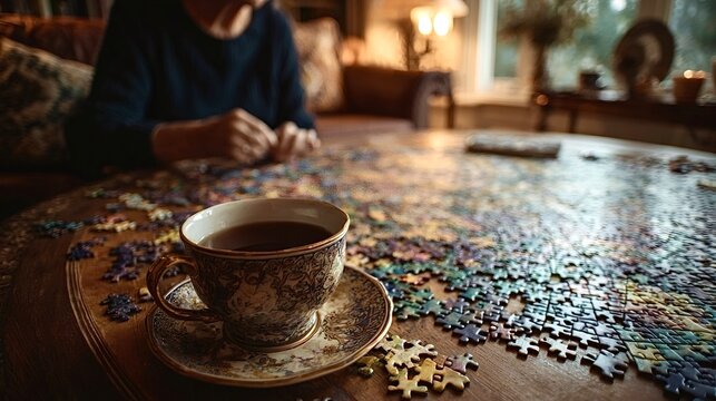 Senior woman solving jigsaw puzzle with tea cup on table
