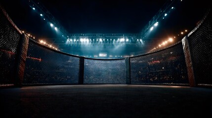 Empty fighting arena with spotlights and cage awaiting fighters
