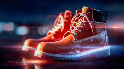 Shiny leather boots with glowing neon accents standing on a dark reflective surface