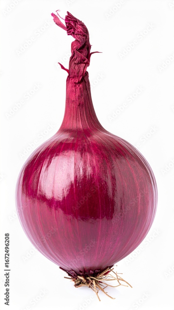Poster Vibrant Red Onion Close Up with Intricate Root System on White Background