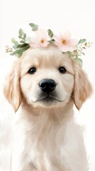 Portrait of a golden retriever puppy wearing a delicate flower crown in a charming watercolor style against a soft white background