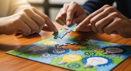 Fototapeta premium Two hands carefully place a puzzle piece, completing a colorful jigsaw puzzle depicting gears and light bulbs, creating a serene and focused atmosphere.