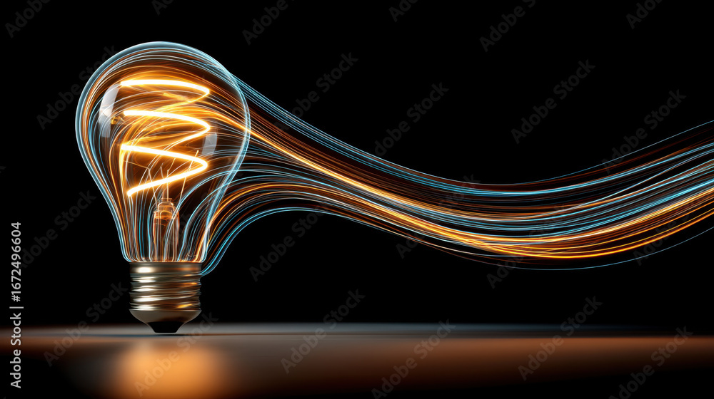 Poster glowing light bulb with swirling light trails represents creativity and innovation. dynamic movement