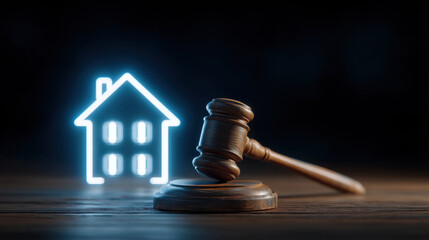 Legal gavel and glowing house icon represent real estate law and property disputes, symbolizing justice in housing matters and legal proceedings
